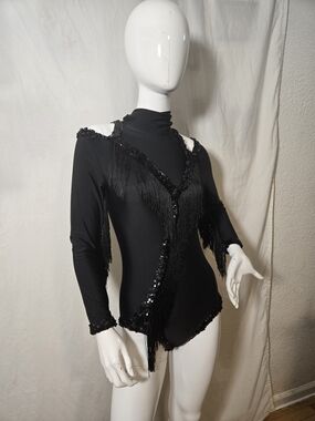 Black Sequin & Fringe Long-Sleeve Dance Leotard,custom Dance,rave Wear